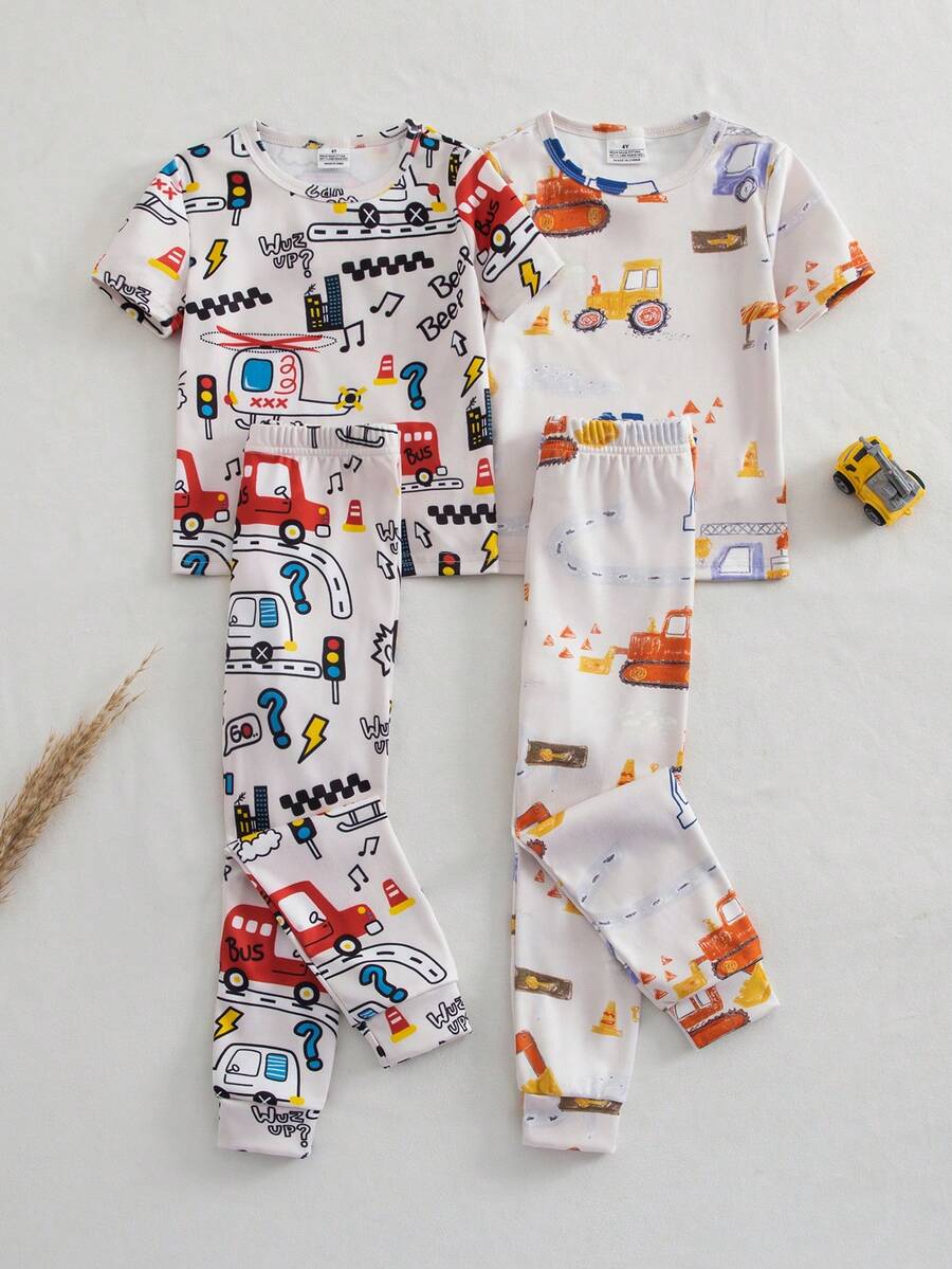 4件套男童印花针织圆领弹力T恤和打底裤套装，趣味汽车、巴士、飞机数码印花，修身剪裁，睡衣、家居服，春夏款 - 彩色 - 查看 1