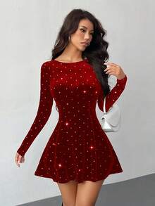 SHEIN PETITE 女款秋季優雅天鵝絨銀箔紅色長袖派對洋裝，紅色波點夜店風聖誕閃亮亮片洋裝，適合小個女款 - 紅色 - 查看 4