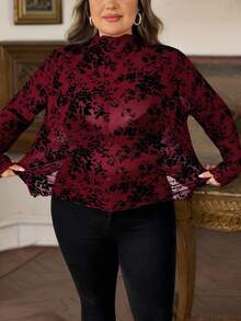 SHEIN CURVE+ 女士加大码印花透视高领网纱上衣（不含胸罩），适合都市通勤、商务休闲、办公室穿着，优雅百搭，也适合圣诞派对、新年庆祝活动，红色上衣 - 紅色 - 查看 5