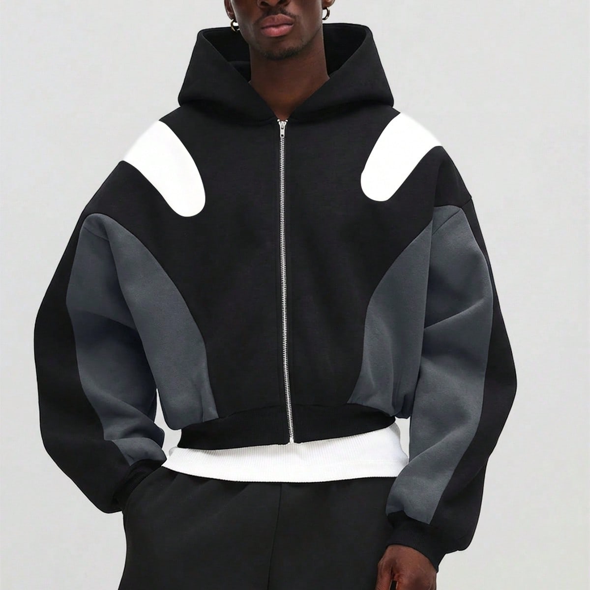 SUMWON Sudadera con capucha y cremallera corta con paneles de contraste para un estilo casual de streetwear, ideal para capas en invierno y otoño, co