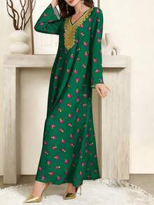 SHEIN Najma 女士花卉叶子印花V领长袖优雅连衣裙，春秋季 - 彩色 - 查看 4