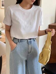 DAZY Camiseta de manga corta blanca de algodón casual, elegante y versátil para mujer, primavera/verano - Blanco - Ver 4