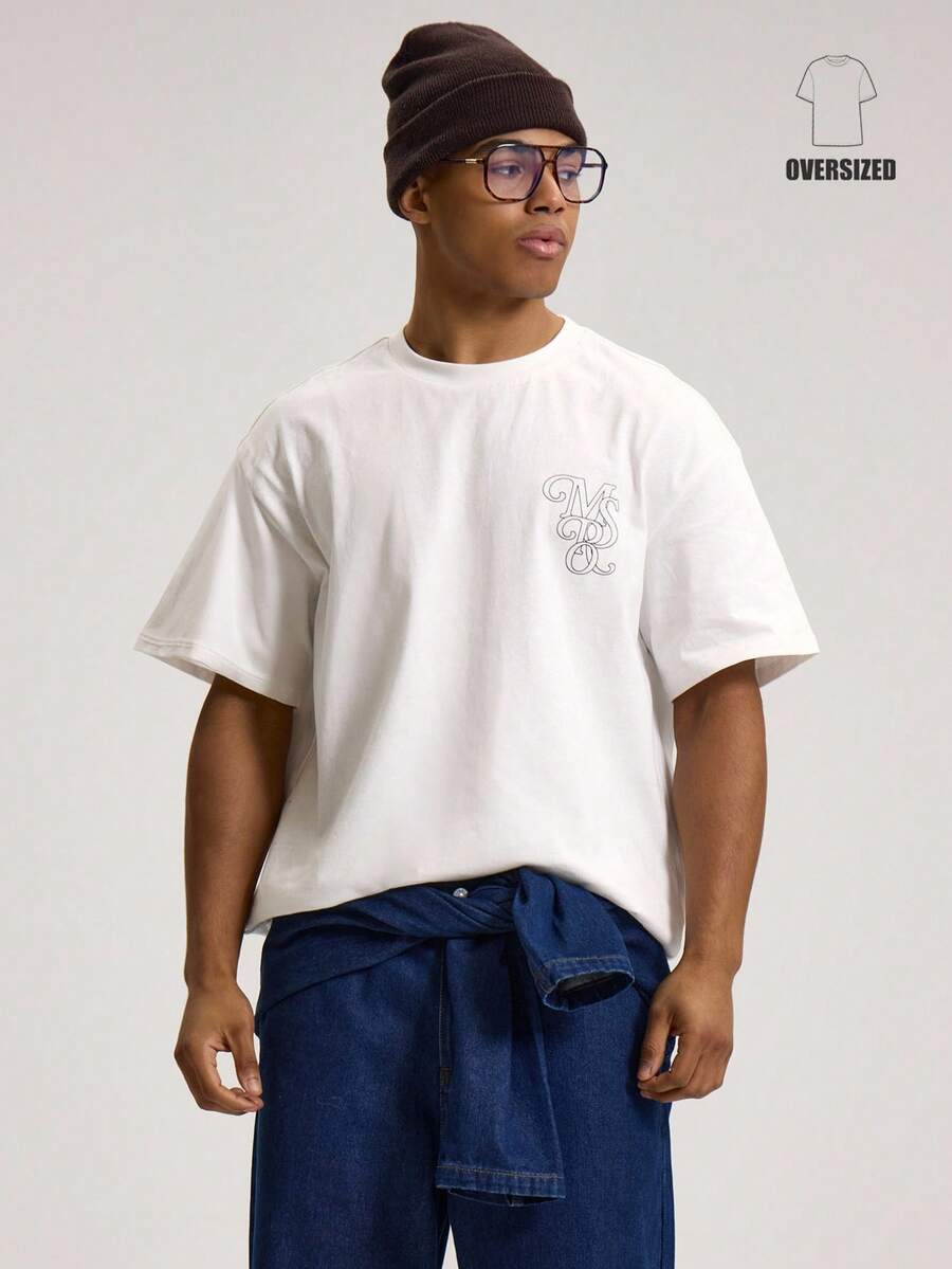 Musero Oversized Crew Neck Short Sleeve Drop Shoulder Graphic Patch Print "MSRO" Tshirt SPRING SUMMER - White - View 1