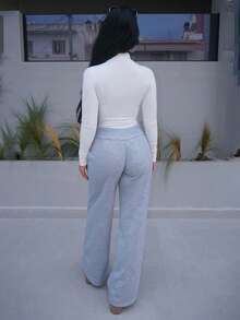 Vassilux 舒适休闲纯色针织低腰阔腿女式运动裤 - 灰色 - 查看 2