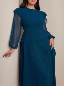 Modelyn Long Round Neck Ruffle Sleeve Black Dress - Blue - View 3