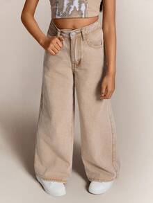 Radiana Quần jean denim dáng rộng, họa tiết ngôi sao Y2K, quần dài thanh lịch, quần ống rộng đơn giản, đa năng, trang phục thu đông cho bé gái tuổi mới lớn, trang phục dạo phố trở lại trường, thoải mái và đa năng, dành cho bé gái từ 8-12 tuổi, thích hợp cho bé đi học, ở nhà và du lịch - Màu Khaki - Xem 4