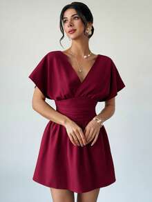 Firerie 女士优雅休闲简约通勤日常办公仿亚麻纯色收腰A字连衣裙 - 紅色 - 查看 5