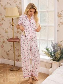 CottageSlumber 女士碎花翻领开衫短袖睡衣套装 - 粉色 - 查看 6