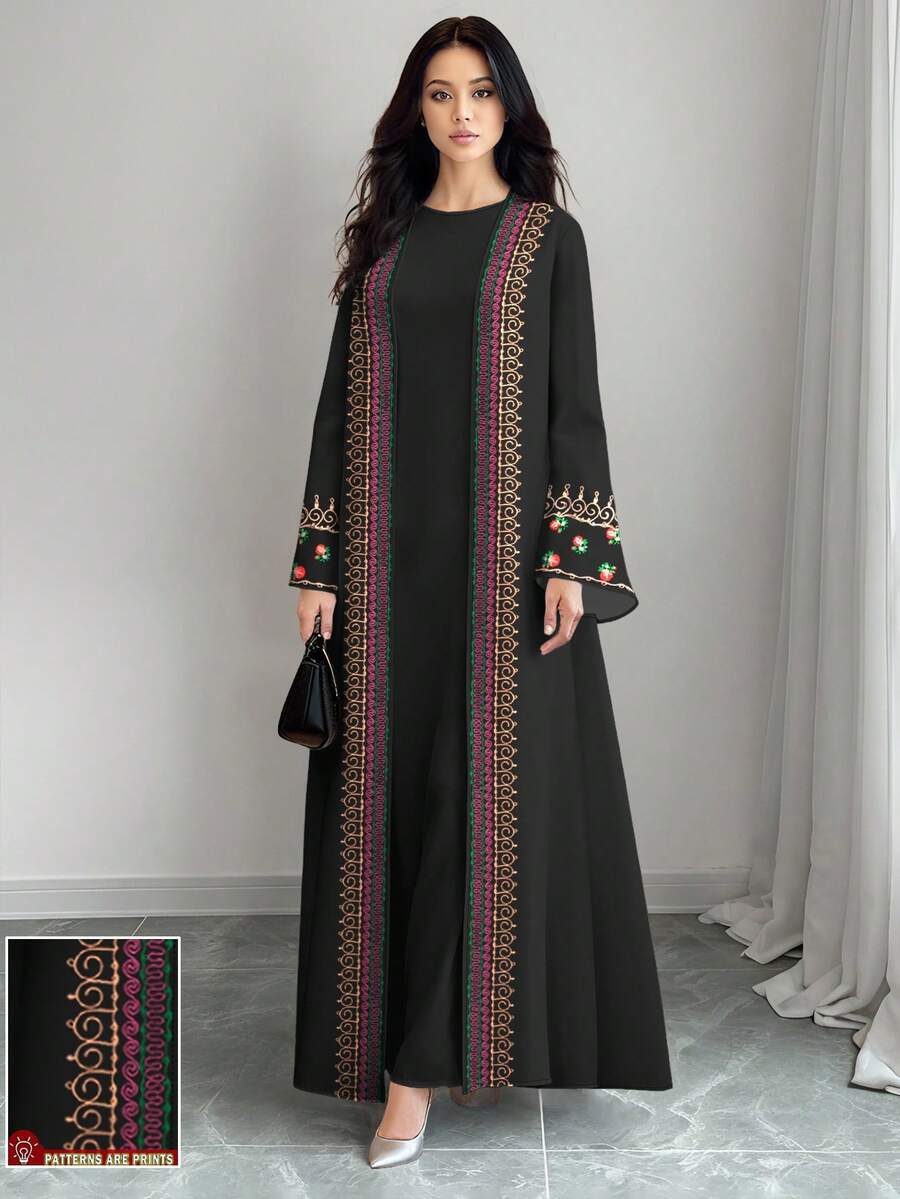 SHEIN Najma Women's Spiral, Floral Embroidery Print Long Sleeve Casual Arabic Abaya Cardigan Outerwear, Spring/Autumn