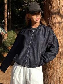 Livesso Women's Loose Fit Casual Denim Jacket With Stand Collar - Blue - View 1