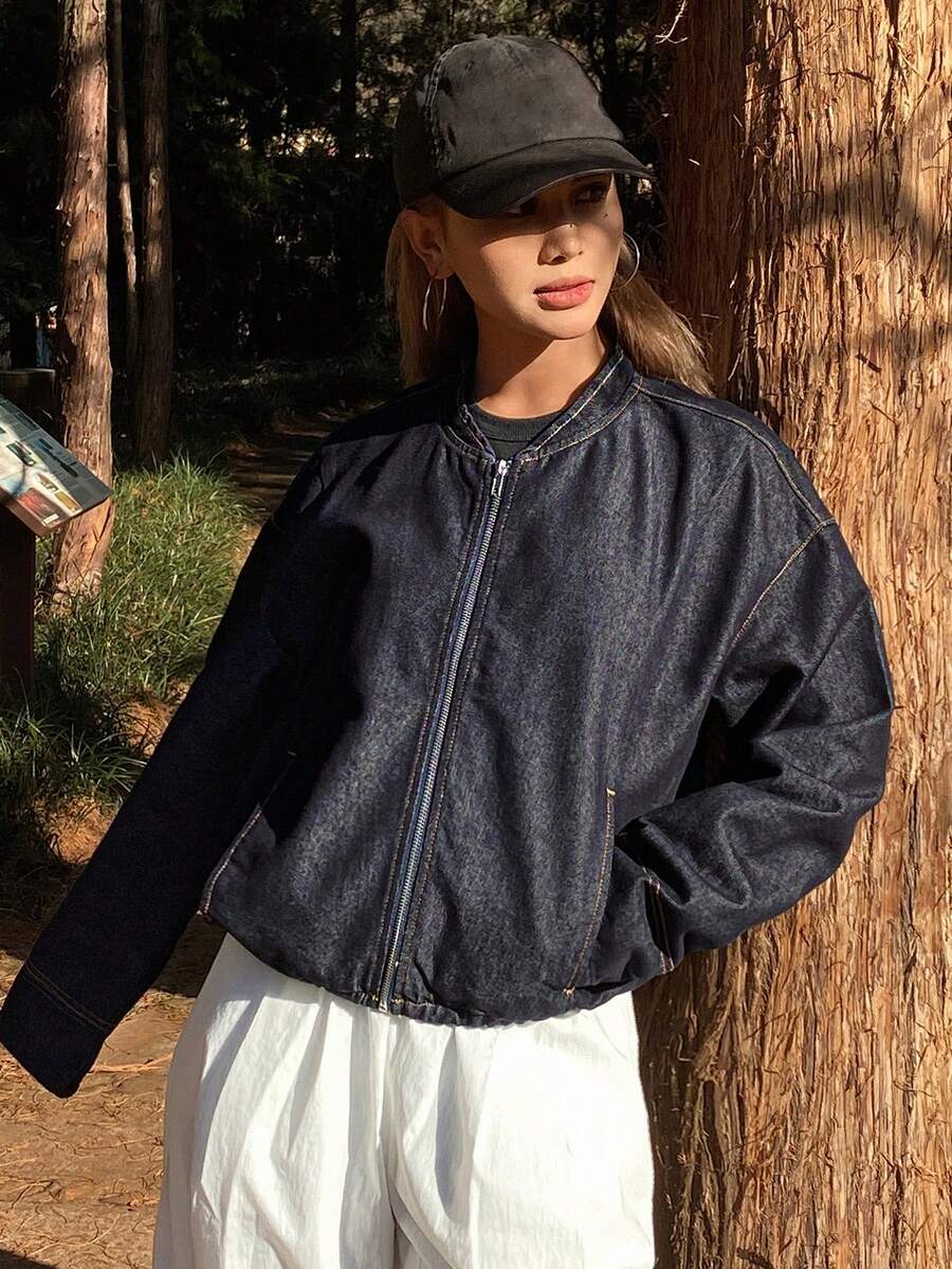 Livesso Women's Loose Fit Casual Denim Jacket With Stand Collar - Blue - View 1