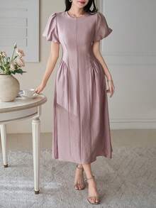 DAZY Women's Elegant Solid Color Puff Sleeve Round Neck Dress, Summer Wedding Guest Dress Sundress - Purple - View 6