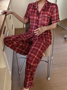 SHEIN Napfluff Cotton-Like Milk Silk Plaid Print Pattern Women Short Sleeve Pajama Set - Red - View 5