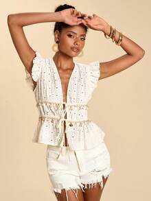 Travachic Top tricoté col V blanc bohème pour femmes, détail coquillage perle, manches avion, vacances d'été, élégant, vacances à la plage, tops décontractés pour fête bohème - Nude - Voir 5