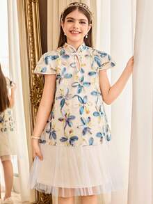 SHEIN Tween Girls' Fashionable & Elegant Mesh Patchwork 3D Floral Decor Dress Floral Mesh Dress For Girls Tulle Dress For Girls Cute Kids Jacquard Dresses - Multicolor - View 7
