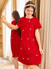 SHEIN Đầm thun ngắn tay màu trơn, đính đá 3D, nơ, kiểu dáng thanh lịch, cao cấp dành cho bé gái tuổi teen, thích hợp mặc đi làm. - Đỏ - Xem 7