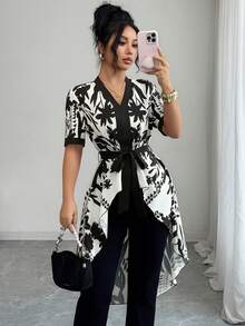 Elenzga 女士V领系带蝴蝶结修身腰部优雅休闲度假碎花不对称时尚黑色衬衫 - 彩色 - 查看 3