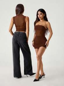 SHEIN PETITE Đầm ống ngắn ôm sát, phối lưới, màu trơn dành cho nữ, kiểu nhún bèo. - màu nâu - Xem 7
