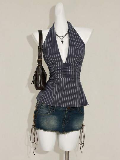 SHEIN ICON Halter Deep V-Neck Cinched Waist A-Line Backless Striped Tank Top