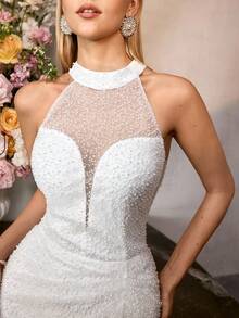 MOTF Soiréza 女士白色珍珠纹理面料开衩大腿露背派对鸡尾酒礼服 - 白色 - 查看 2