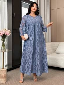 Modelyn Plus Size Women Floral Mesh Robe And Camisole Dress Elegant 2 Pieces Set Modest Dress - Blue - View 4