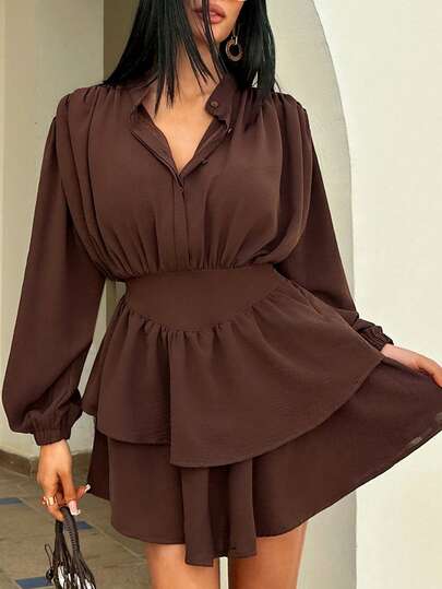 EURMUSE Women's Long Sleeve Mini Dress – Aerobin Fabric, Pleated Skirt, Elastic Waist, Chic Ruffled Hem, Elegant Party Outfit, Lightweight Statement Dress Brown Elegant Dress Women Dark Chocolate Coffee  Dark Brown Dress Chocolate Brown Dress Coffee Brown Dress