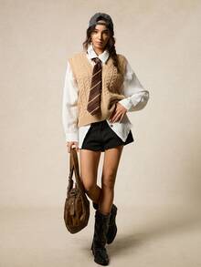 EMERY ROSE V領麻花編織毛衣背心