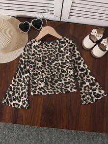 SHEIN Young Girls' Fashionable Fitted Casual Round Neck Ruffle Flare Sleeve Long Sleeve T-Shirt, Suitable For School, Christmas, Halloween, Daily Wear, New Year Party, Autumn/Winter, Matching Sister Outfit - Multicolor - View 2