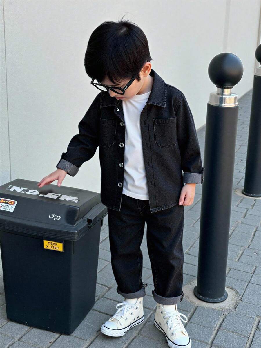 YoungBoys 时尚休闲长袖牛仔套装,简约宽松翻领,上衣实用侧袋装饰,搭配舒适裤装,尽显简约优雅。适合春秋季节日常穿着、上学、旅行和休闲。 - 黑色 - 查看 1
