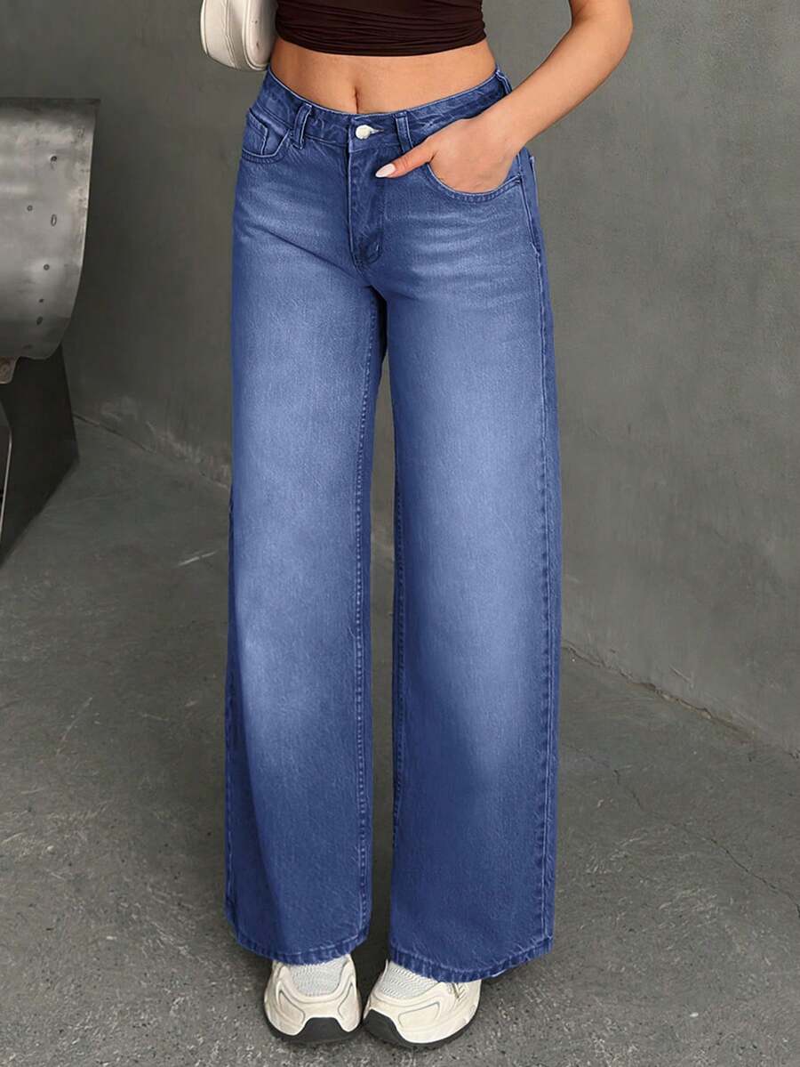 EURMUSE WOMEN WIDE LEG MID WAIST JEANS - Dusty Blue - View 1