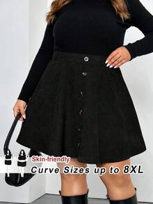 SHEIN CURVE+ Plus Size Solid Color Front Button Minimalist A-Line Skirt, Casual Daily Wear - Black - View 8