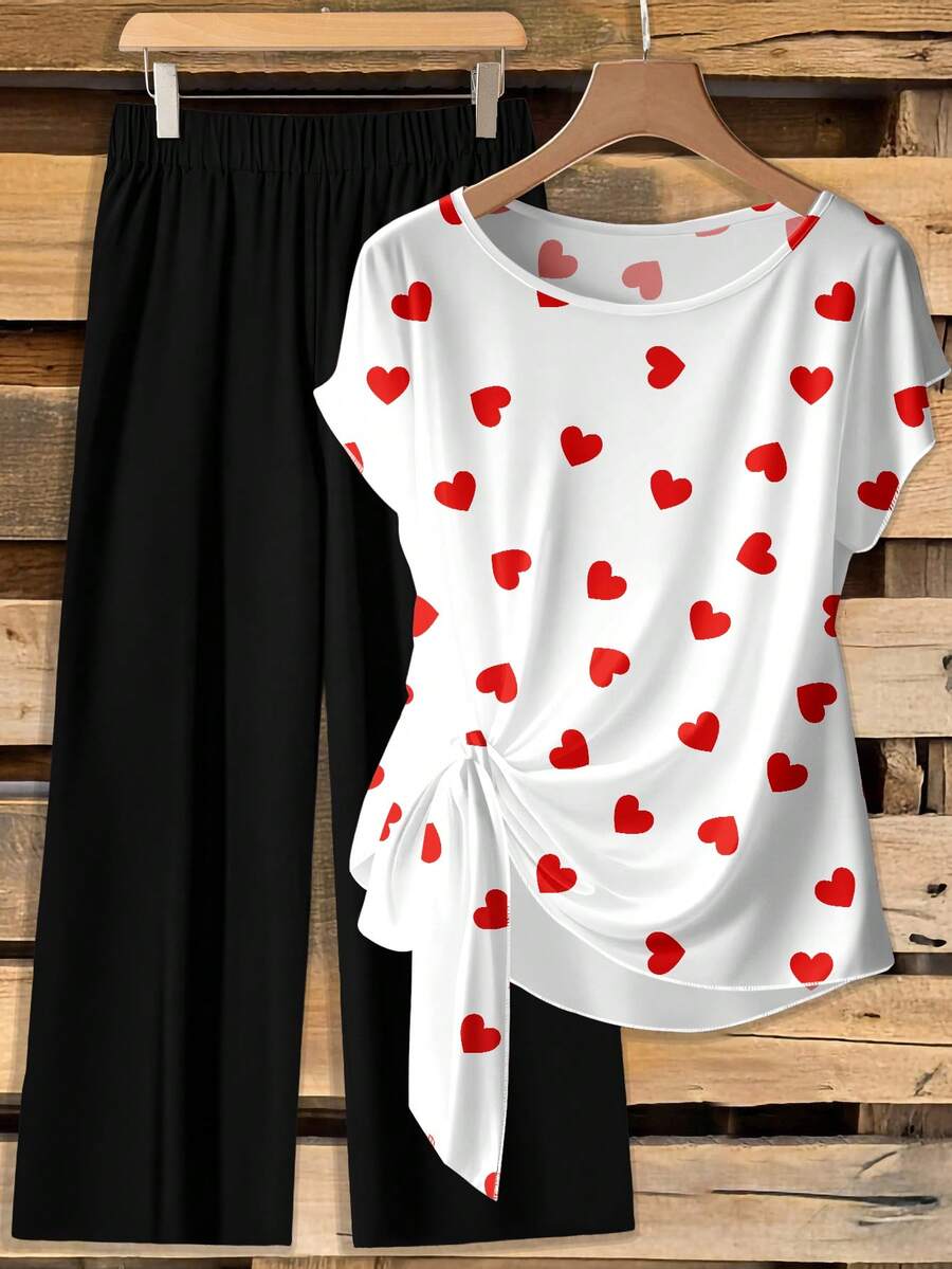 SHEIN Clasi 2pcs Set: Casual Minimalist Red Heart Print Tie Front Blouse & Loose Straight Leg Pants, Suitable For Spring/Summer Spring - Multicolor - View 1