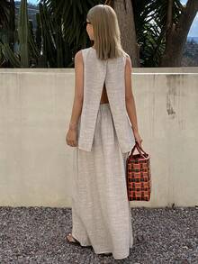 DAZY Spring/Summer Elegant Casual Vacation Beach Sleeveless Top And Skirt Set, Romantic, Wedding, Commute, Old Money Style For Women Lounge Sets For Women - Khaki - View 1