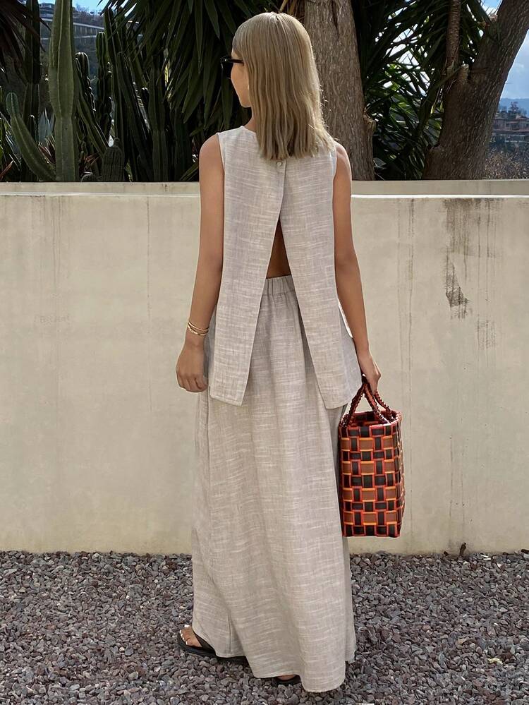 Spring/Summer Elegant Casual Vacation Beach Sleeveless Top And Skirt Set, Romantic, Wedding, Commute, Old Money Style For Women