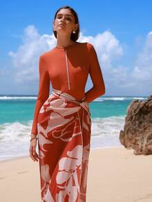 Swim Shayni 春夏沙滩休闲度假前拉链长袖连体裤+印花网纱裙两件套，中东连体泳衣 - 亮橙色 - 查看 5