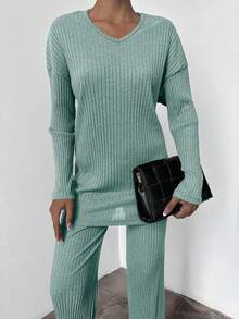 EURMUSE 2pcs Women Casual Commuting Solid Color Long Sleeve Top And Pants Set - Mint Green - View 4
