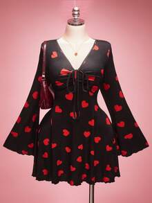 SHEIN ICON 大码女式心形图案V领喇叭袖前系带连衣裙 - 彩色 - 查看 9