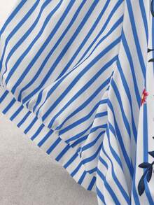 GlowEve CURVE 大码女式夏季短袖条纹印花衬衫，前襟纽扣，腰部系带 - 藍色 - 查看 5