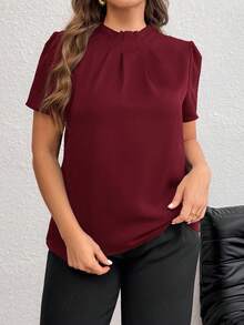 Firerie Plus Size Women's Solid Color Pleated Puff Sleeve Elegant Blouse Formal Tops Formal Top Maroon Tops Modest Tops Office Tops For Women - Burgundy - View 2