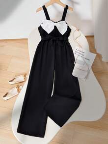 Girls' Sleeveless Ruffled Wide Leg Jumpsuit With Tie Waist, Bow Decor, Summer Outfit - Black - View 7