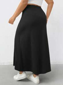 SHEIN Essnce 大码女装春夏时尚休闲弹力舒适日常百搭显瘦开衩黑色长裙，女装下装，春季简约风格黑色高开衩纽扣细节长裙，适合春季穿着 - 黑色 - 查看 2