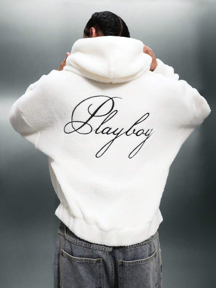 PLAYBOY X SUMWON Oversized Borg Fleece Full Zip Hoodie With Drawstring Hood Winter Warmth Casual Sweatshirt Jacket
