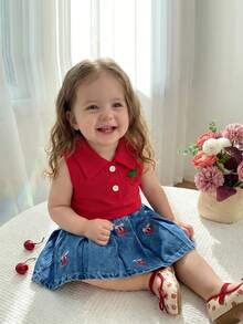 女婴针织樱桃领背心搭配牛仔樱桃刺绣百褶裙套装，时尚甜美可爱童装 - 紅色 - 查看 3