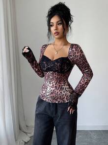 Selianne Women's Fashion Sexy Lace Patchwork Leopard Print Blouse Lace Detail Top Leopard Top - Brown - View 4