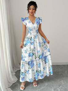 Rafferiza Abito da donna con scollo a V, stampa floreale romantica e balza sul fondo - Blu e Bianco - Visualizzare 5
