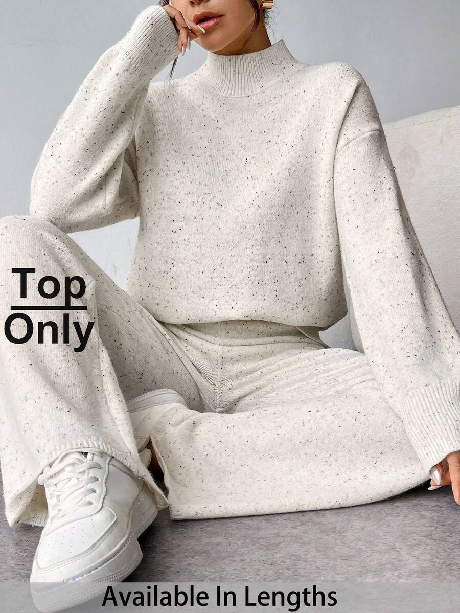 SHEIN Tall CURVE 大码女式纯色立领毛衣，简约休闲，适合日常穿着 - 米色 - 查看 1