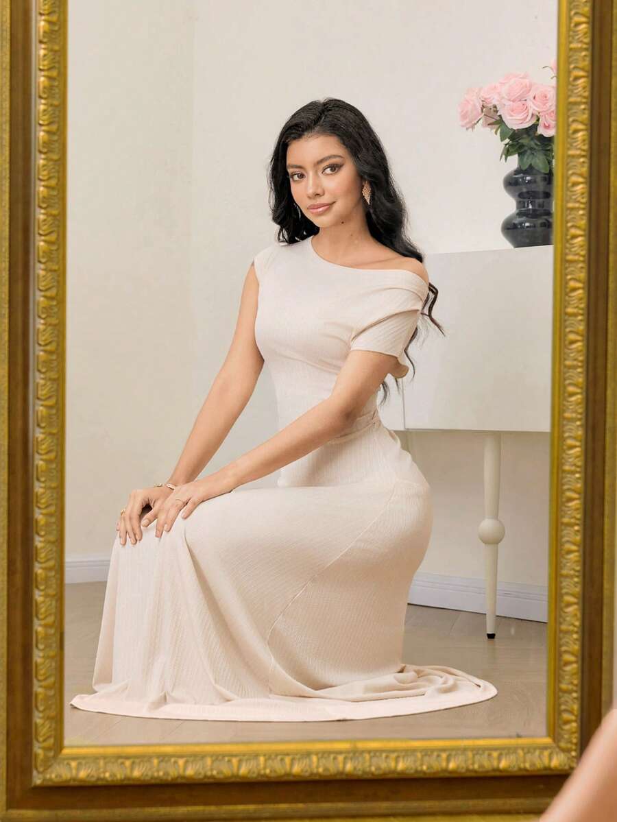Modelyn Women's Elegant Solid Color Asymmetric Collar Dress, Summer Elegant Dress Women Women's Elegant Dress Photoshoot Dress Women Champagne Women Dress Luxury Dress For Women - Beige - View 1