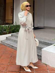 DAZY 女士休闲纯色系腰带中长连衣裙，春夏婚礼宾客礼服/吊带裙 - 杏色 - 查看 6