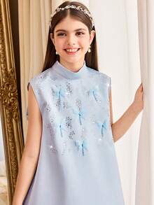 SHEIN Tween-Mädchen Kleid, einfarbig gewebt mit Strass-Verzierung, 3D-Schleife, ärmelloses A-Linien-Kleid, Prinzessinnenkleid, Hochzeitssaison-Kleid, Blumenmädchen-Kleid, blaues Kleid - Babyblau - Übersicht 5