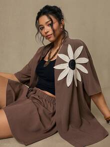 SHEIN LUNE 大码女式休闲落肩短袖上衣和短裤两件套 - 棕色 - 查看 3
